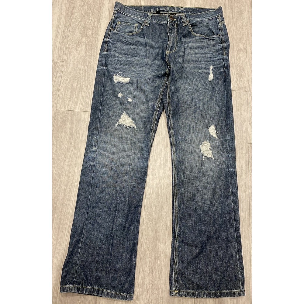 Helix Mens Denim Loose Straight Blue Jeans Factory Wrinkled Size 34x32